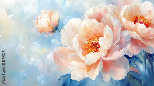 Fototapeta Naklejka Na Ścianę i Meble -  Peach-colored peony flowers on soft blue painted from acrylic oil bright paint large strokes