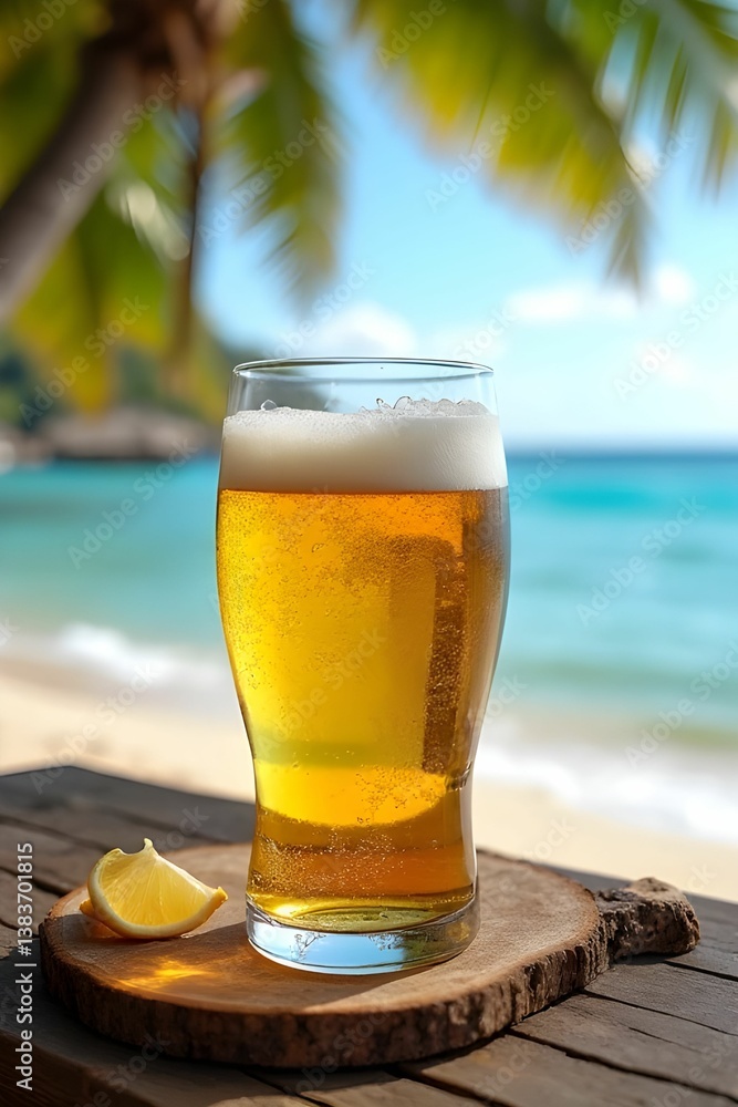 Glass of cold beer on blurred beach background. Beer mug. Refreshment and party concept. Alcohol beverage menu Glass of cold beer on blurred beach background. Beer mug. Refreshment and party concept. Alcohol beverage menu