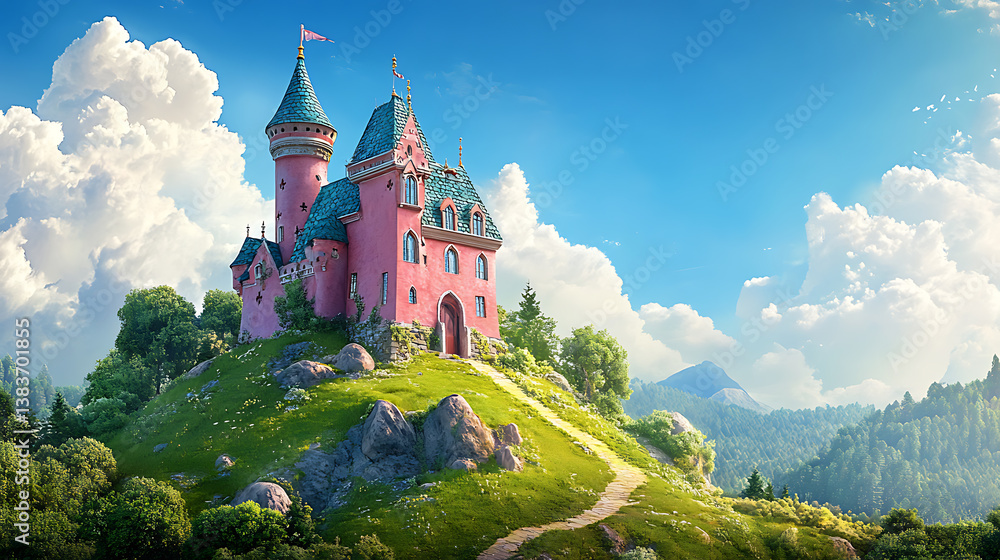 Naklejka premium Pink castle on a green hill, green trees, blue sky