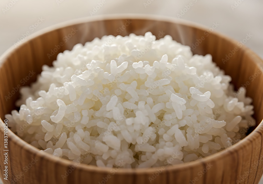 Steaming bowl of fluffy white rice, a simple comfort food, warm and inviting in its wooden bowl. Steaming bowl of fluffy white rice, a simple comfort food, warm and inviting in its wooden bowl.