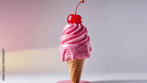 Pink ice cream cone with cherry
