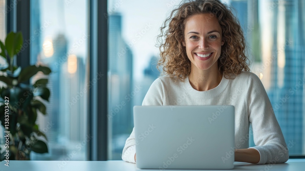 A smiling woman with curly hair works on a laptop in a modern office setting, looking at the camera. A smiling woman with curly hair works on a laptop in a modern office setting, looking at the camera.