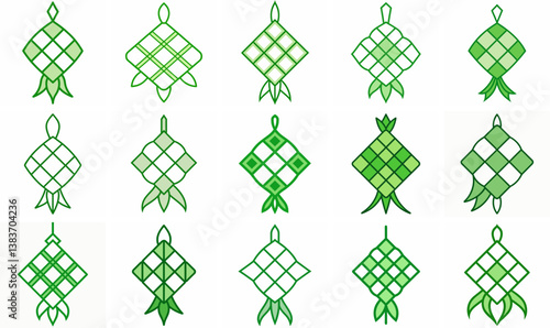 Green Ketupat Outline Coloring Book Page Line Art Drawing Set