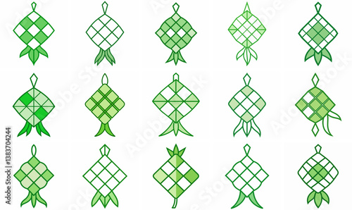 Green Ketupat Outline Coloring Book Page Line Art Drawing Set