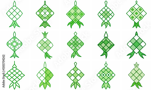 Green Ketupat Outline Coloring Book Page Line Art Drawing Set