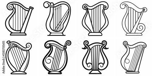 Harp Outline Coloring Book Page Line Art Drawing Set