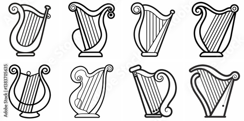 Harp Outline Coloring Book Page Line Art Drawing Set