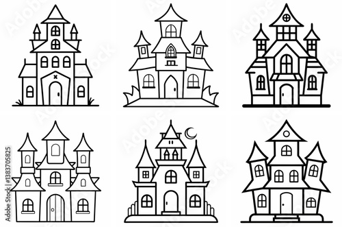 Haunted House Outline Coloring Book Page Line Art Drawing Set