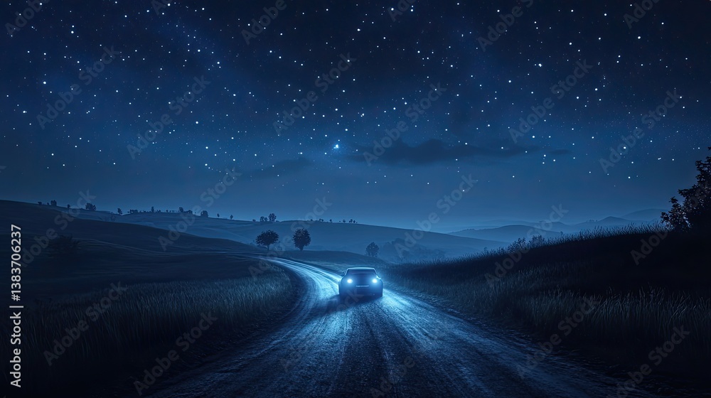 Fototapeta premium A solitary vehicle drives down a winding road beneath a starry sky