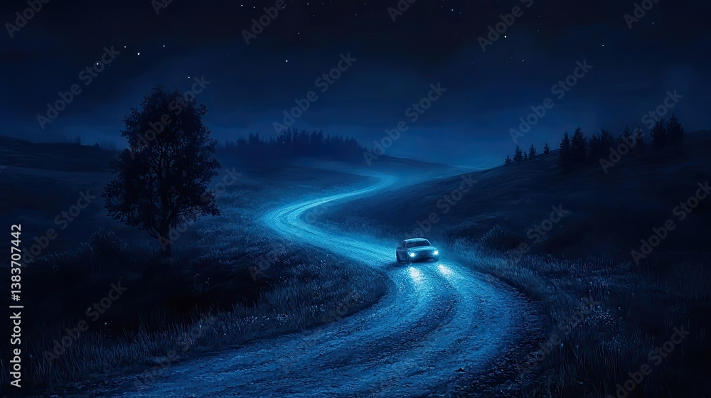 An illuminated vehicle travels along a dark winding rural road at night An illuminated vehicle travels along a dark winding rural road at night