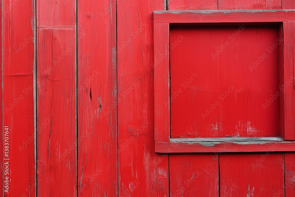 A bold red wooden wall featuring an empty square frame. A bold red wooden wall featuring an empty square frame.