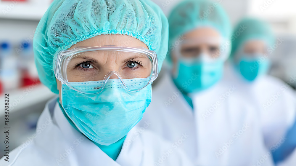 Medical professionals in protective gear, in an laboratory, epitomizing commitment and focus on science. The composition, centered on an individual, with subtle blur. Medical professionals in protective gear, in an laboratory, epitomizing commitment and focus on science. The composition, centered on an individual, with subtle blur.