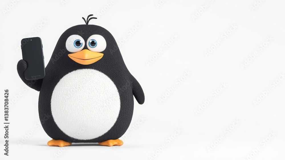 Obraz premium A cheerful cartoon penguin holding a smartphone, symbolizing a fun and playful approach to technology.