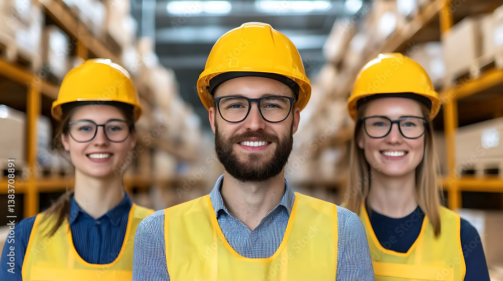 Warehouse Team Portrait. A group of warehouse workers wearing safety vests and hard hats pose for a portrait amidst a backdrop of goods shelves. Warehouse Team Portrait. A group of warehouse workers wearing safety vests and hard hats pose for a portrait amidst a backdrop of goods shelves.