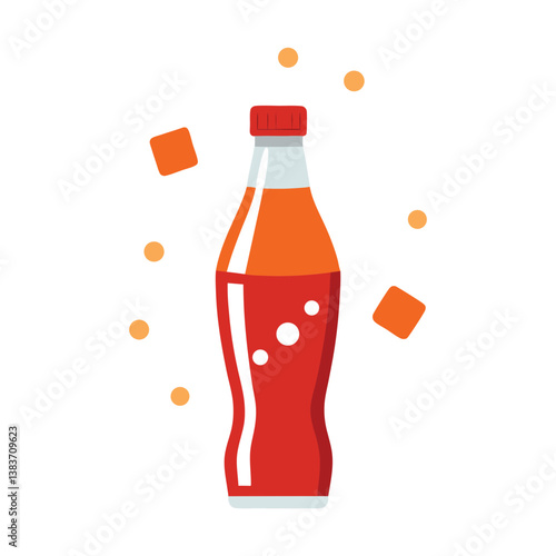 A bottle of soda fizzing with ice in a glass