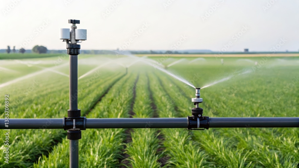 Fototapeta premium A modern irrigation system waters rows of crops, showcasing efficient agricultural practices in a lush green field.