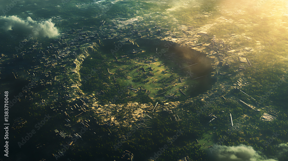 Obraz premium Satellite imagery, detailed, fantasy world building, forest turning into meadow, ancient battlefield, discarded weapons sticking out of the earth, sporadic colorful magical glow