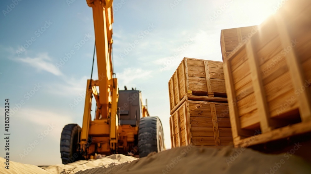 Obraz premium An earthmover stands in the sand next to wooden crates under a bright, sunny sky at the jobsite.