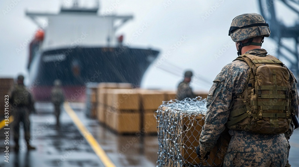 Fototapeta premium Soldiers meticulously load boxes onto a ship in a rainy port, ready for transport.