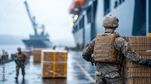 Soldier in uniform unloading cargo from a naval ship at the dock during inclement weather.