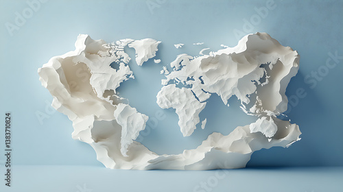 Sculpted 3d world map in white and blue, floating on a gentle gradient, climatology study visualization