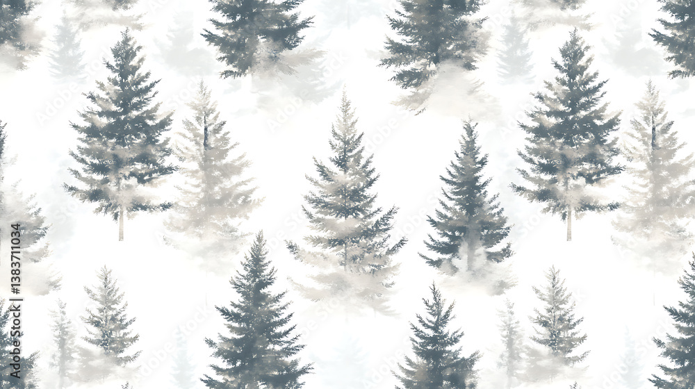 Seamless pattern with foggy spruce forest, fir trees isolated on white background Seamless pattern with foggy spruce forest, fir trees isolated on white background