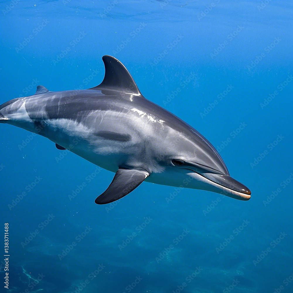 A graceful dolphin glides through the crystal-clear ocean, illuminated by sunlight streaming through the water's surface, showcasing the beauty and elegance of marine life in its natural habitat. A graceful dolphin glides through the crystal-clear ocean, illuminated by sunlight streaming through the water's surface, showcasing the beauty and elegance of marine life in its natural habitat.