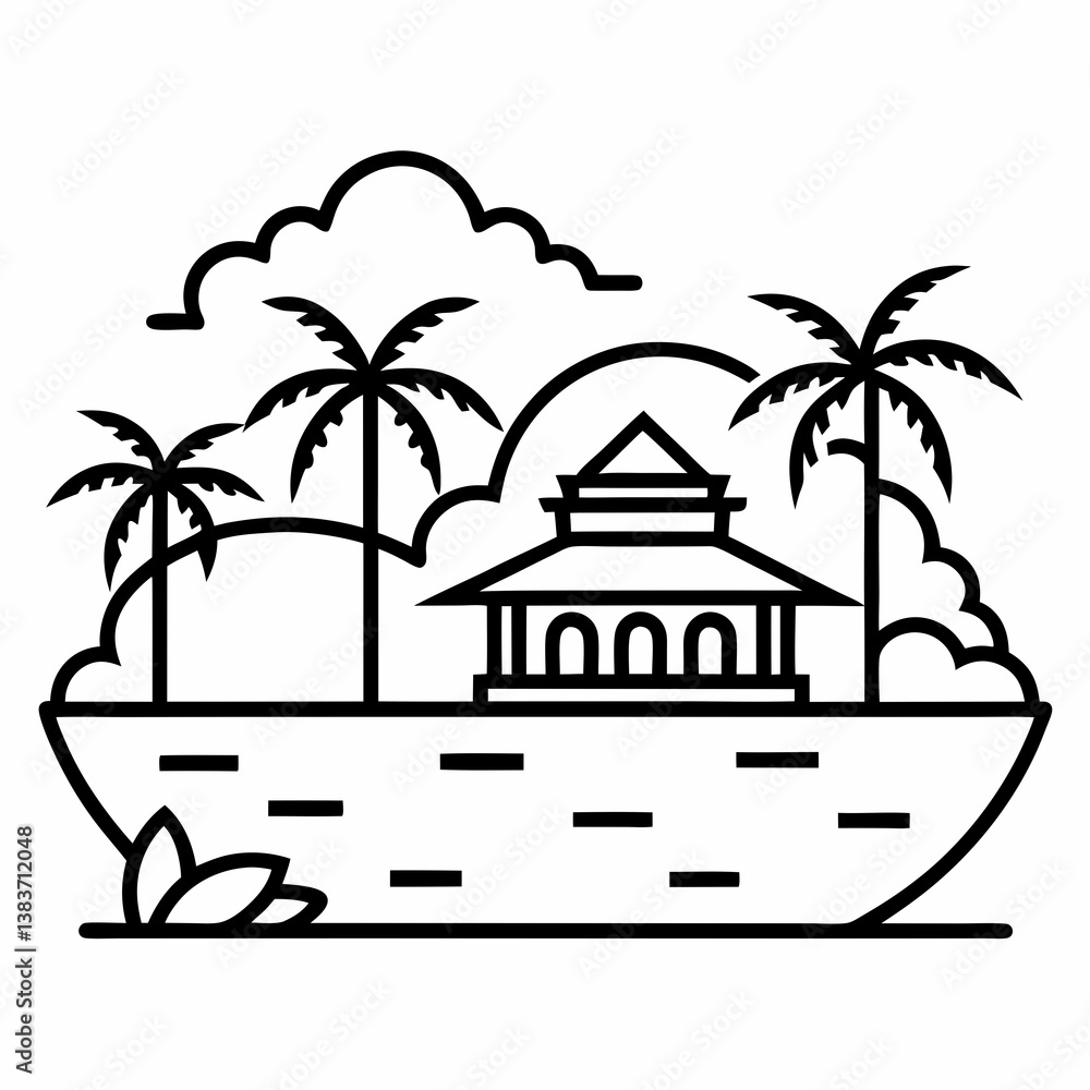 Obraz premium Kerala Backwater Landscape Outline Coloring Book Page Line Art