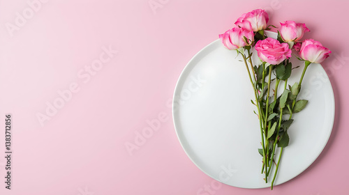 Pink Rose Bouquet On White Plate Against Pink Background