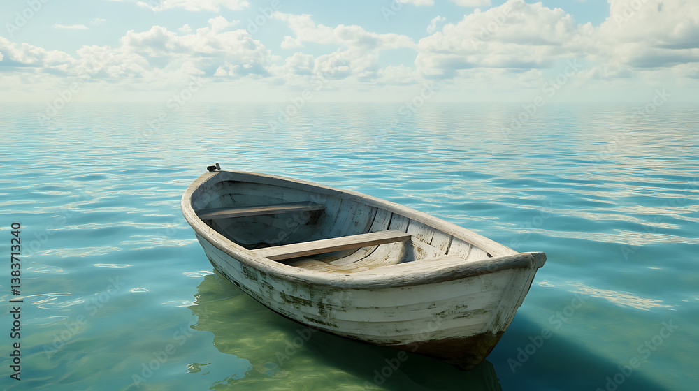 Fototapeta premium Small boat in the middle of sea, 3d illustration