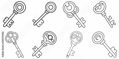 Key Outline Coloring Book Page Line Art Drawing Set