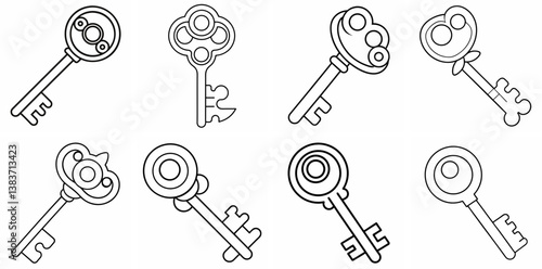 Key Outline Coloring Book Page Line Art Drawing Set