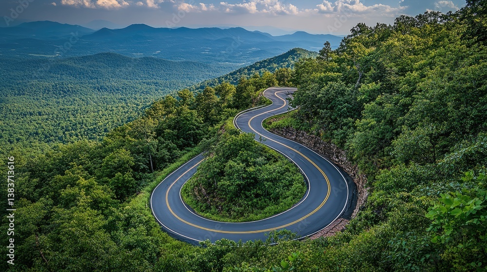 A winding mountain road curves through lush green forested landscape A winding mountain road curves through lush green forested landscape