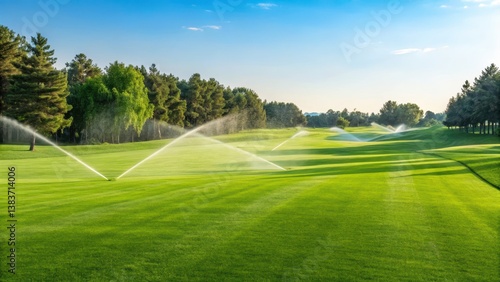 A lush green golf course with sprinklers watering the grass under a clear blue sky, surrounded by trees.