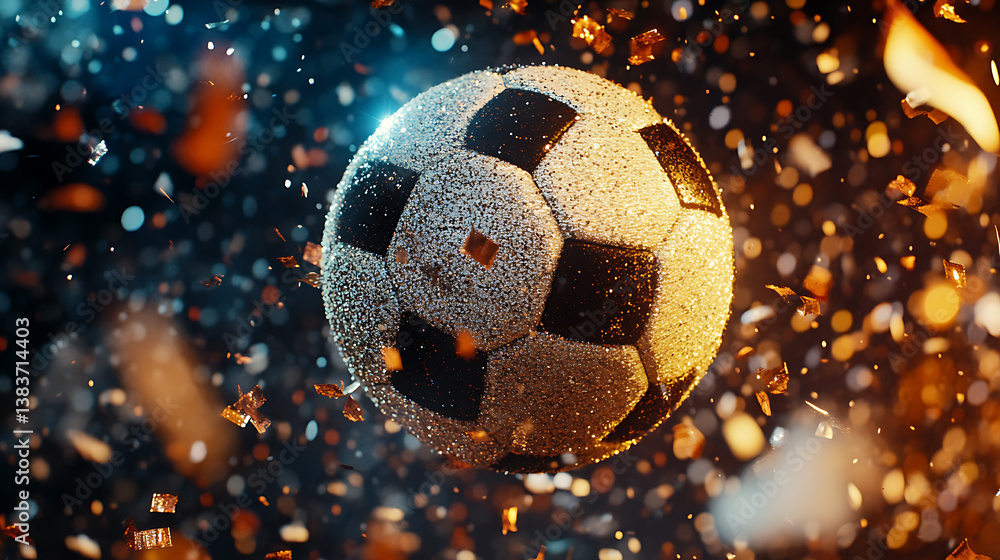 Fototapeta premium Soccer match winning celebration, football ball with glitter and confetti