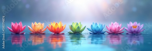 Seven Colorful Lotus Flowers on Still Water