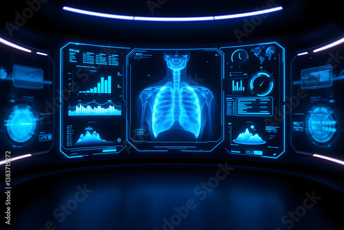 Advanced Healthcare Technology Panel Featuring Human Rib Cage Visualization, Medical Data Analysis, and Artificial Intelligence in Digital Medicine and Predictive Diagnostics Interface