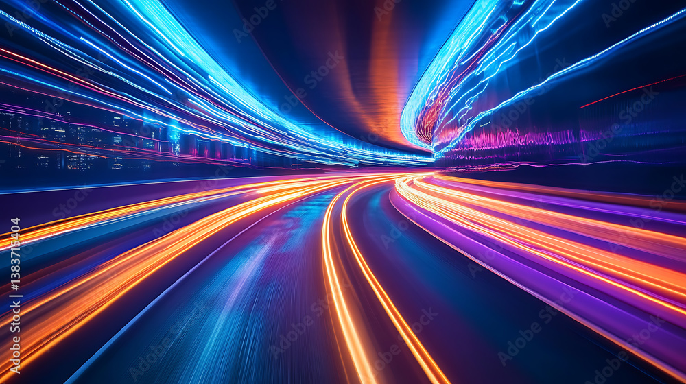 Obraz premium Speed light tunnel through the city, neon and light glowing on dark scene