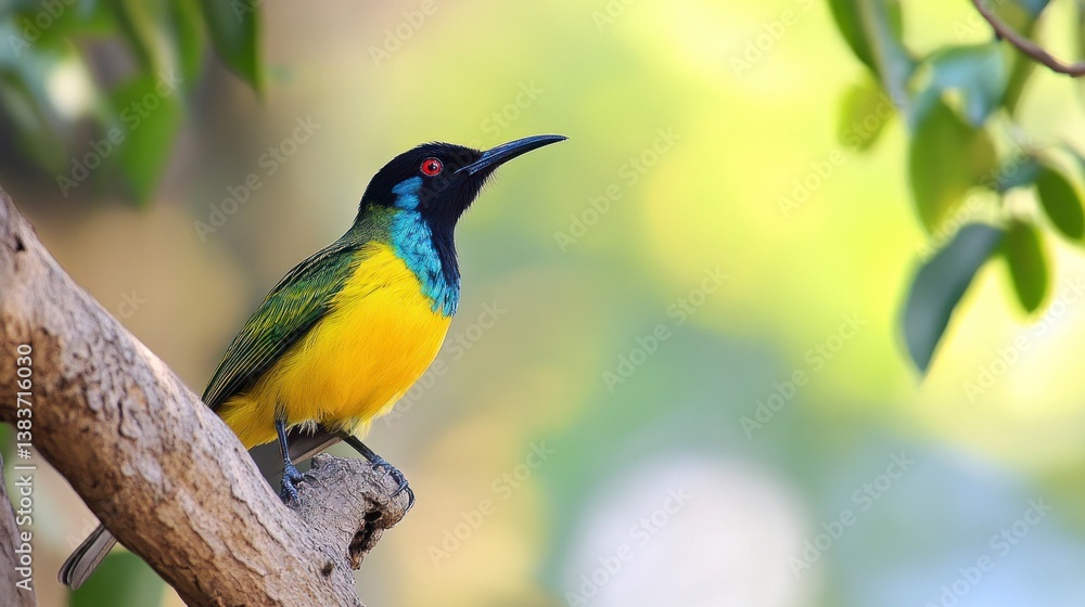 Fototapeta premium Sunbird Perched on Branch with Bright Yellow Feathers and Green Backdrop