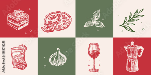 Minimalist Dolce Vita vector illustration collection. Tiramisu, pizza, wine, espresso maker, garlic, and lemon in Matisse style doodles, perfect for greeting cards, wedding invitations, posters