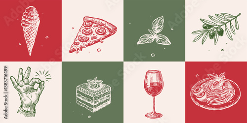 Minimalist Dolce Vita vector illustration collection. Tiramisu, pizza, wine, espresso maker, garlic, and lemon in Matisse style doodles, perfect for greeting cards, wedding invitations, posters