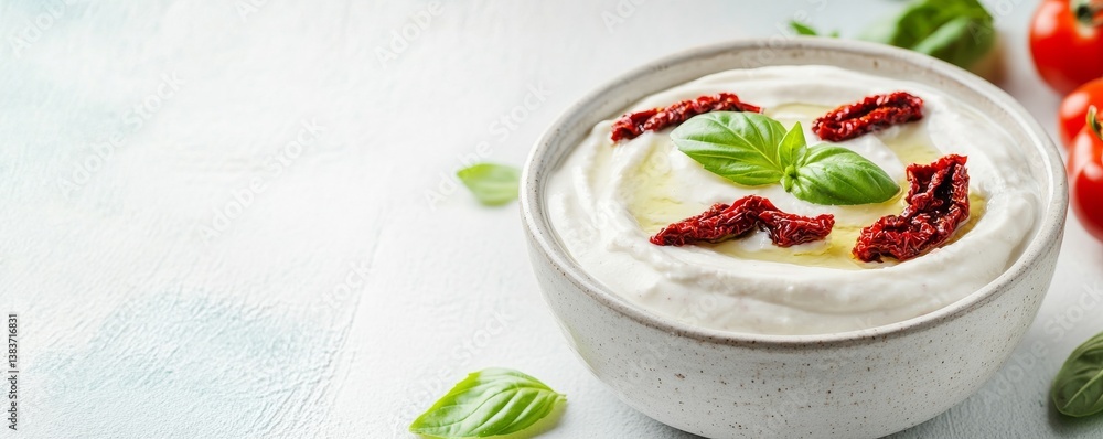 A rustic yogurt dip with sun-dried tomatoes and basil, Italian flavors, isolated on white background A rustic yogurt dip with sun-dried tomatoes and basil, Italian flavors, isolated on white background