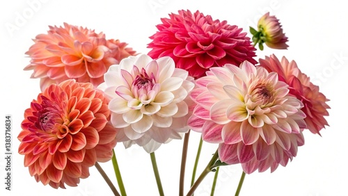 A bunch of multi-colored dwarf dahlia flowers in shades of coral, fuchsia, and white, isolated with a transparent background for use in designs.