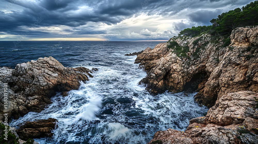 Fototapeta premium Stormy ocean and steep wet rocks against heavy grey clouds
