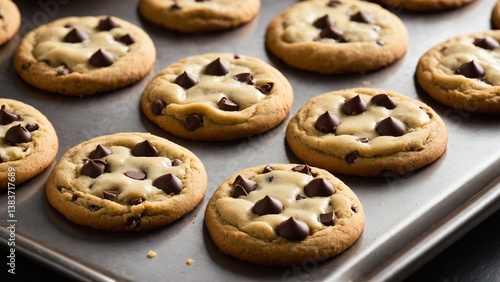 A batch of freshly baked, golden-brown chocolate chip cookies displayed on a metallic baking sheet, showcasing a delightful homemade treat.