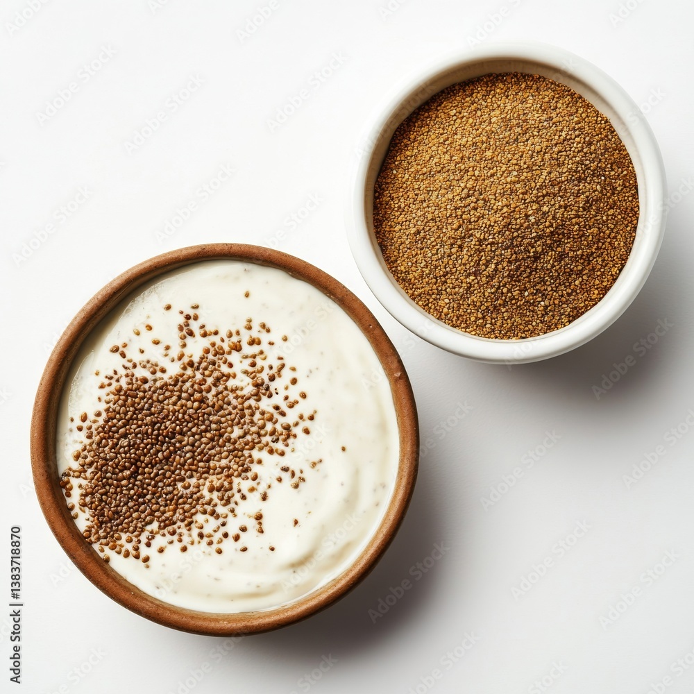 A yogurt dip with tahini and za'atar, Middle Eastern bold flavors, exotic styling, isolated on white background A yogurt dip with tahini and za'atar, Middle Eastern bold flavors, exotic styling, isolated on white background