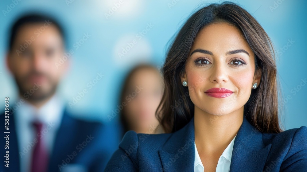 Fototapeta premium A beautiful businesswoman smiles, looking directly at the camera, in a blue suit.