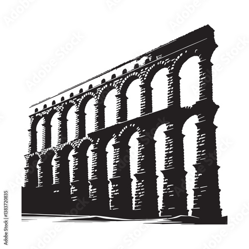 Monumental Roman Aqueduct silhouette, reflecting the scale and magnitude of Roman architecture – Roman Aqueduct illustration – Roman Aqueduct vector – Roman arch silhouette

