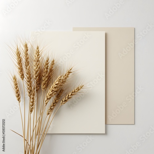 Dried Wheat Stalks on Neutral Background with Cream and Beige Paper
