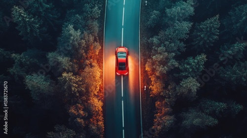 A Red Car Driving Through a Forest on a Dark Evening